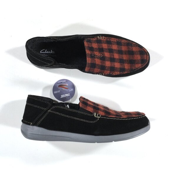 Clarks Gorwin Step Slip On Loafers Mens Size 11 Black Suede Red Plaid - Picture 1 of 8